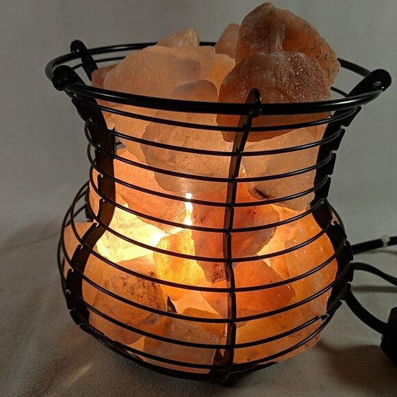 Himalayan Salt Lamp Pink Black Wire Basket Light Accent Lamp Metal Large Big - Picture 3 of 13